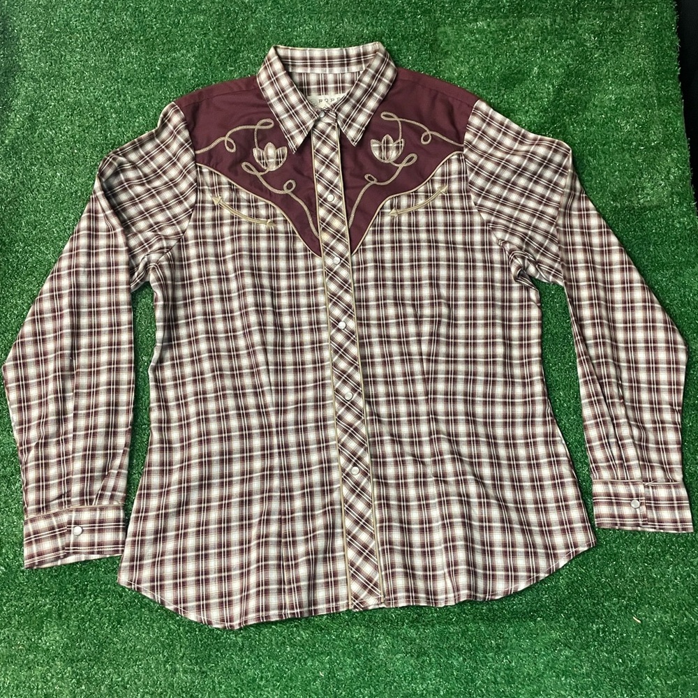 ROPERS WESTERN COWGIRL SNAP WINE CREAM TAN SMALL SCALE PLAID SIZE L-XL - Picture 5 of 11